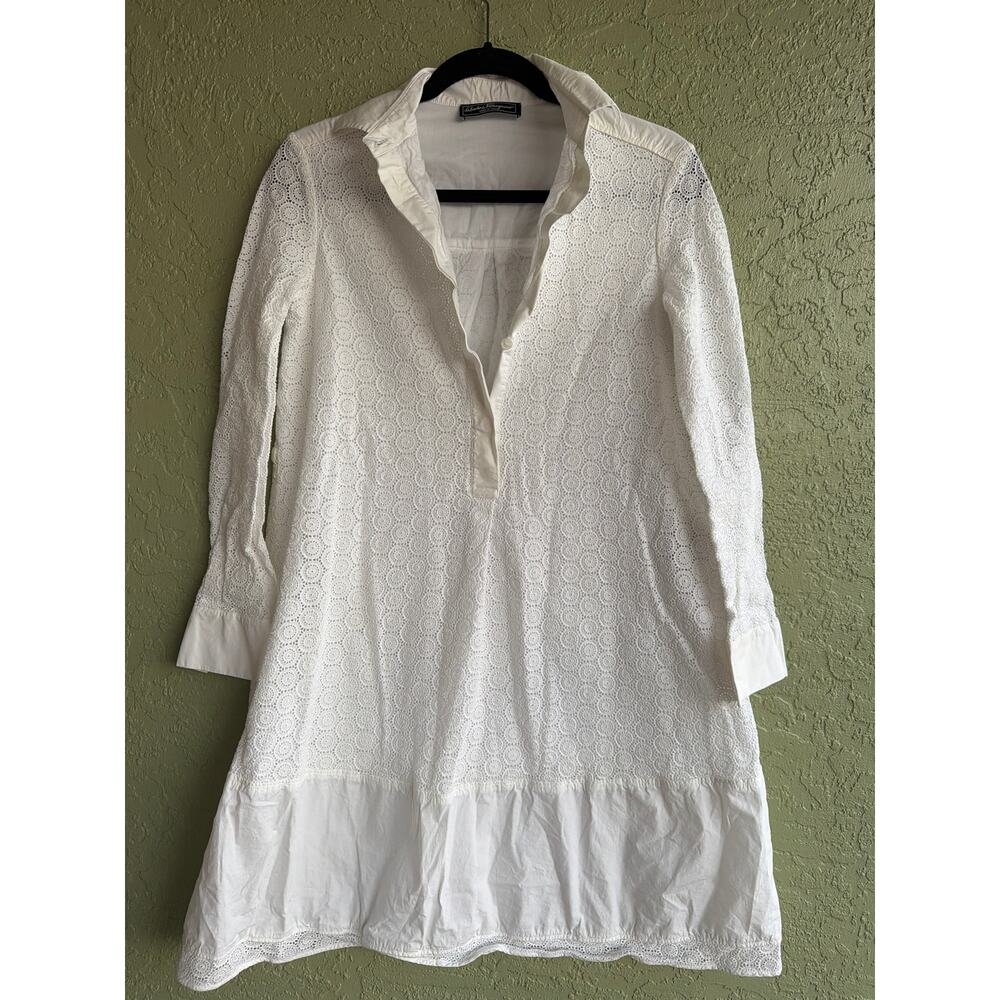 Salvatore Ferragamo Lace White Cotton Shift Dress Ruffle Popover Women's Small - Picture 2 of 6